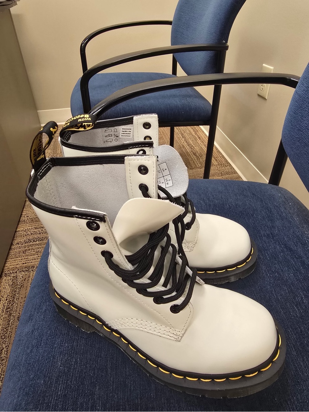 Dr. Martens White Leather Lace-Up Boots with Black Laces and Yellow Stitching